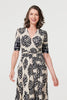 Navy | Border Print Ruched V-Neck Midi Dress
