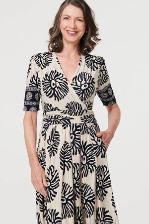 Navy | Border Print Ruched V-Neck Midi Dress
