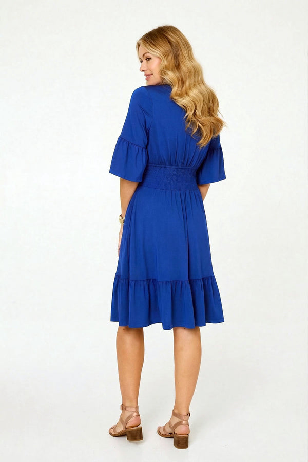 Blue | Shirred Waist 3/4 Sleeve Midi Dress