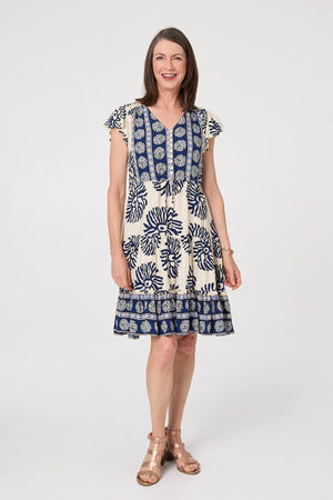 Blue | Floral Border Print Knee Length Dress
