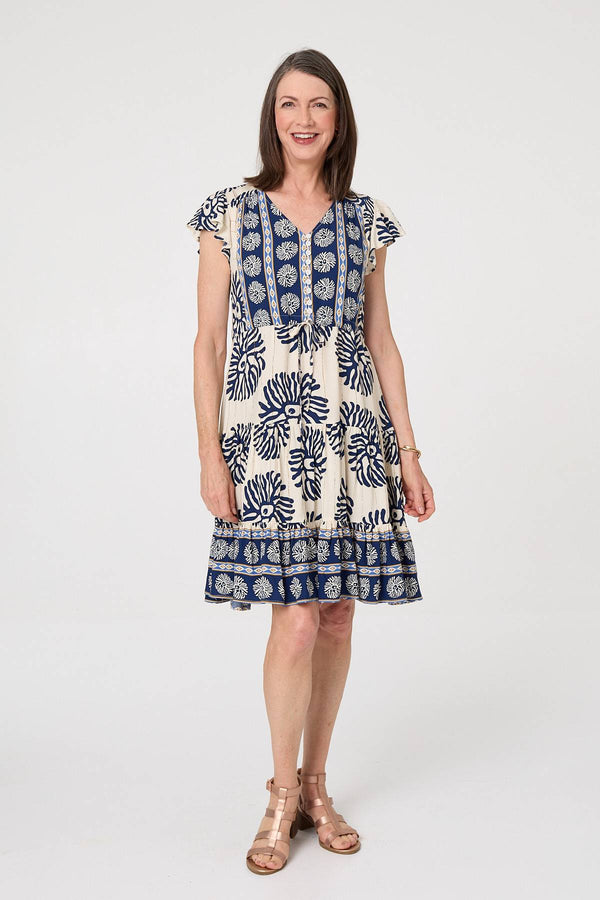 Blue | Floral Border Print Knee Length Dress