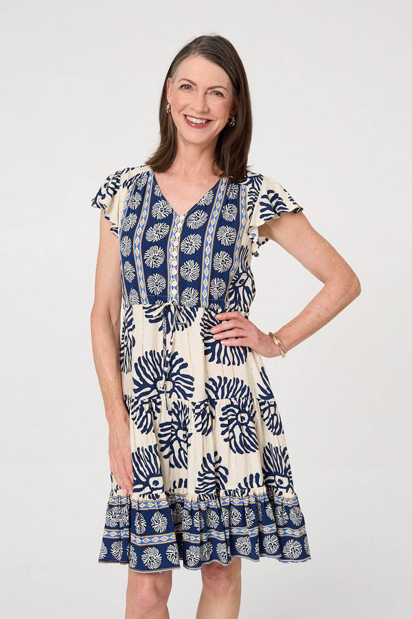 Blue | Floral Border Print Knee Length Dress