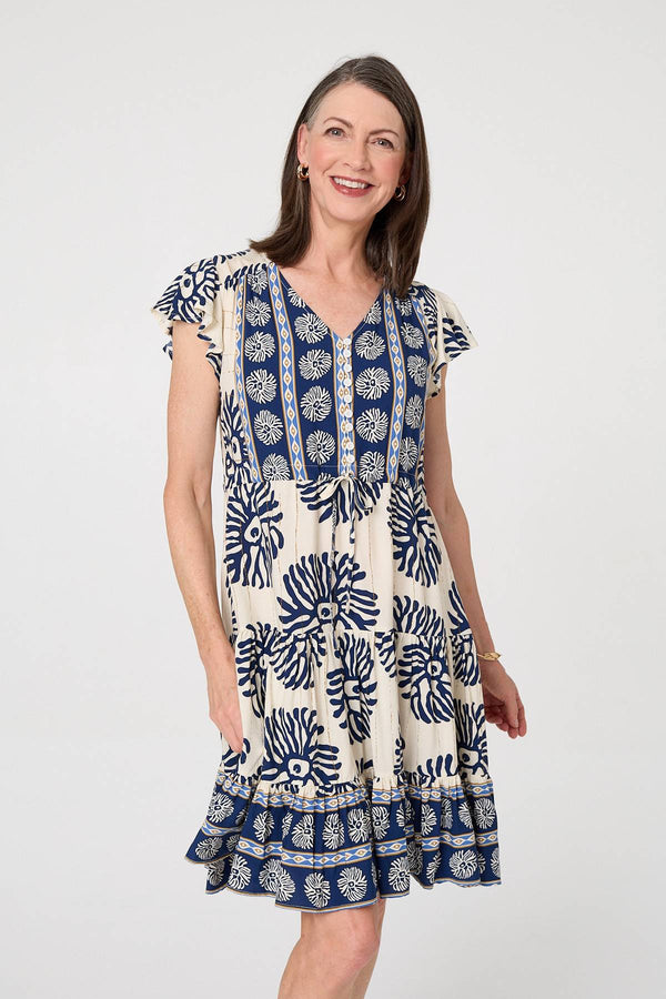Blue | Floral Border Print Knee Length Dress