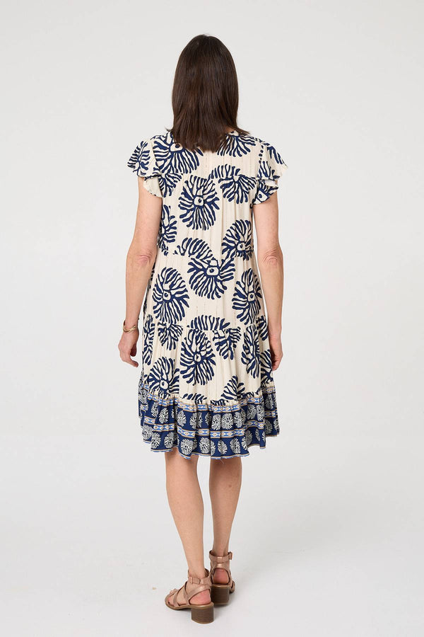 Blue | Floral Border Print Knee Length Dress