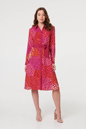 Pink | Printed Long Sleeve Collared Midi Dress
