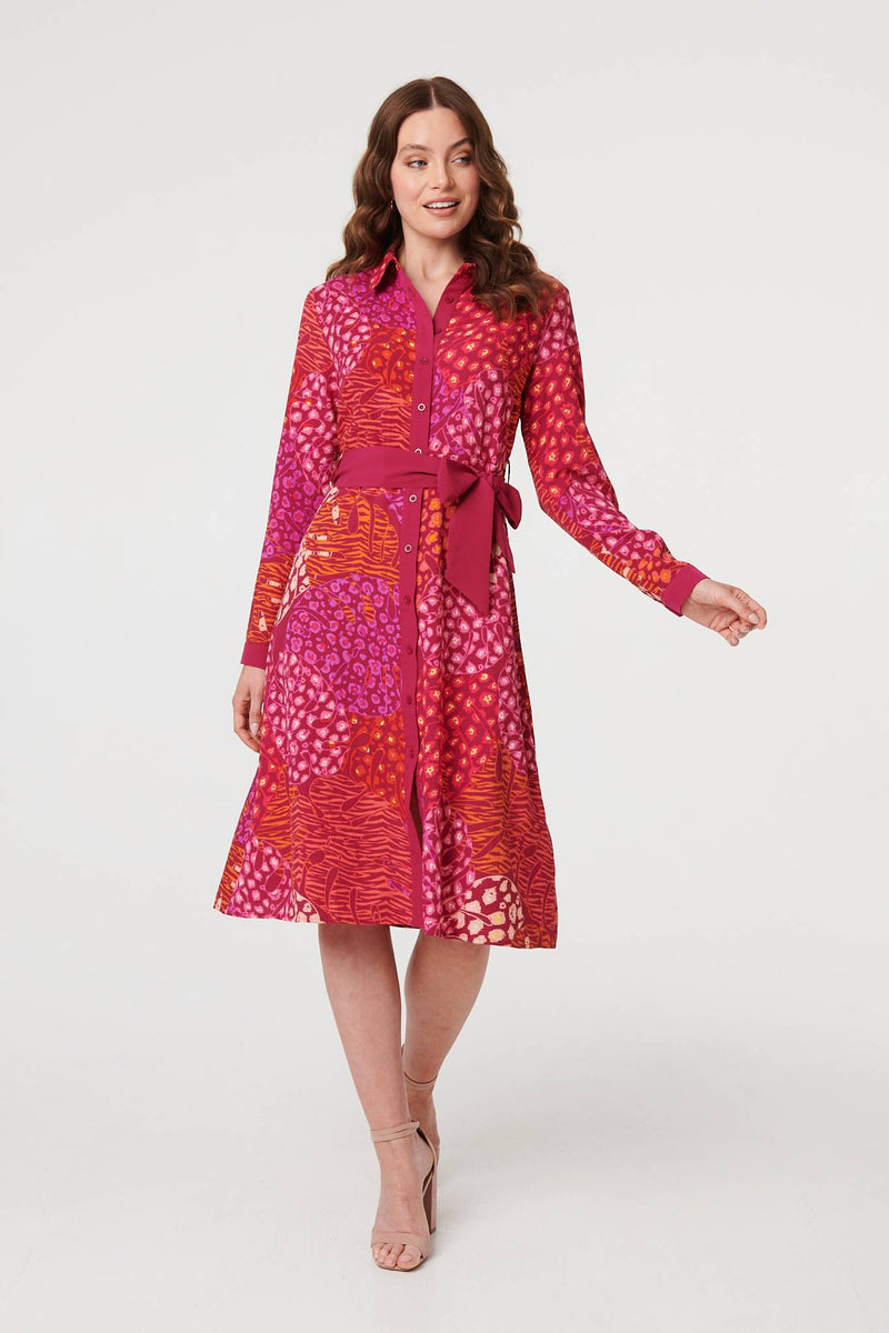 Printed Long Sleeve Collared Midi Dress Printed Long Sleeve Collared Midi Dress
