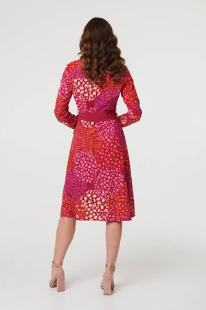 Pink | Printed Long Sleeve Collared Midi Dress
