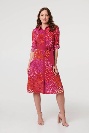 Pink | Printed Long Sleeve Collared Midi Dress

