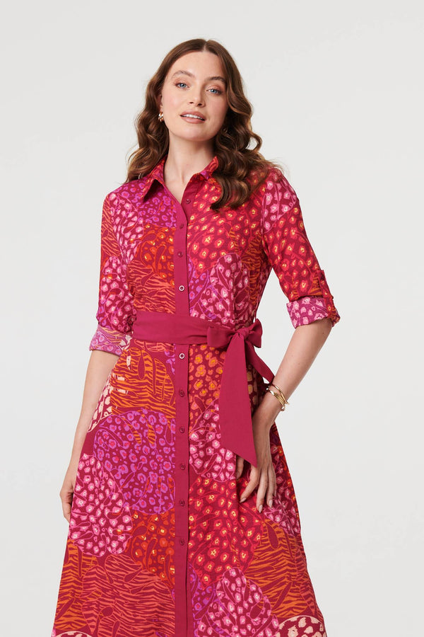 Pink | Printed Long Sleeve Collared Midi Dress
