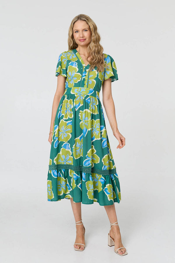 Green | Floral Angel Sleeve Relaxed Midi Dress