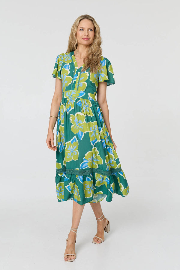 Green | Floral Angel Sleeve Relaxed Midi Dress