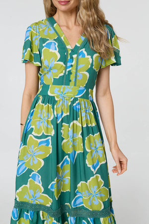 Green | Floral Angel Sleeve Relaxed Midi Dress