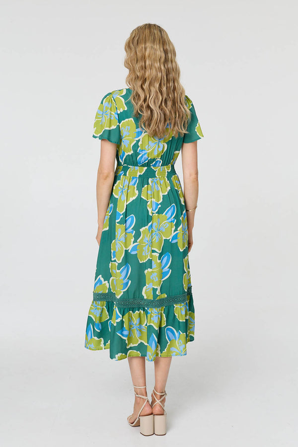 Green | Floral Angel Sleeve Relaxed Midi Dress