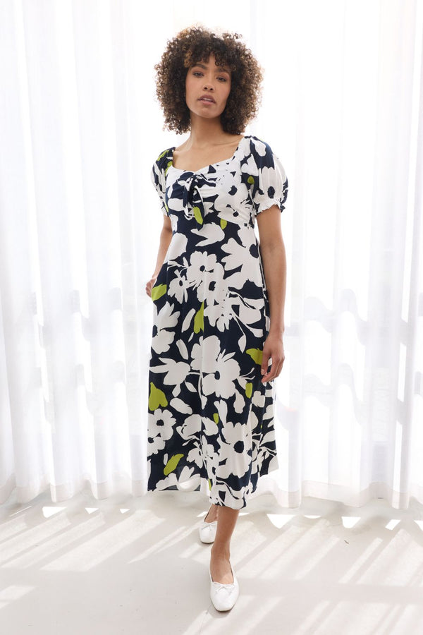 Navy | Floral Tie Front Puff Sleeve Midi Dress : Model is 5'8"/172 cm and wears UK8/EU36/US4/AUS8