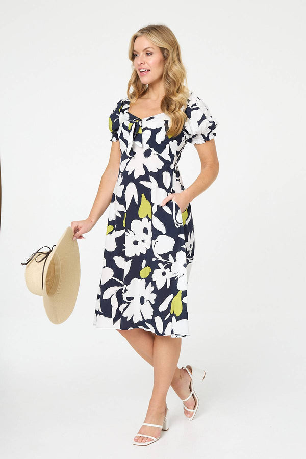 Navy | Floral Tie Front Puff Sleeve Midi Dress