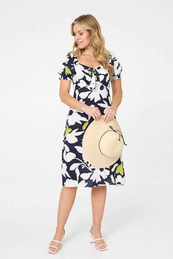 Navy | Floral Tie Front Puff Sleeve Midi Dress : Model is 5'10"/178 cm and wears UK8/EU36/US4/AUS8
