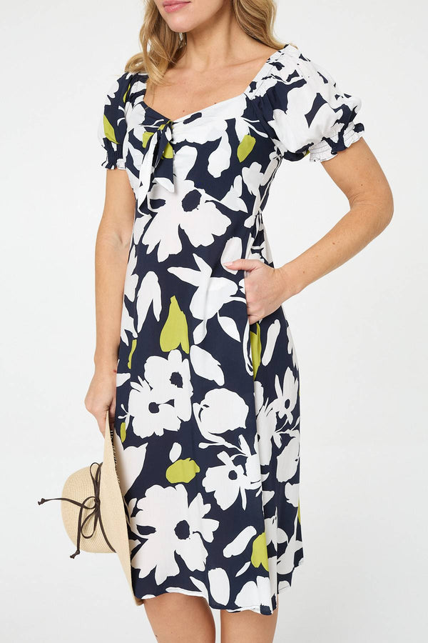 Navy | Floral Tie Front Puff Sleeve Midi Dress