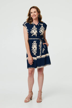 Navy | Ikat Print Cap Sleeve Short Shirt Dress

