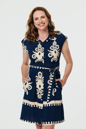 Navy | Ikat Print Cap Sleeve Short Shirt Dress

