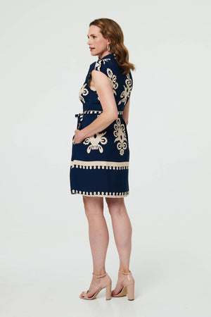 Navy | Ikat Print Cap Sleeve Short Shirt Dress
