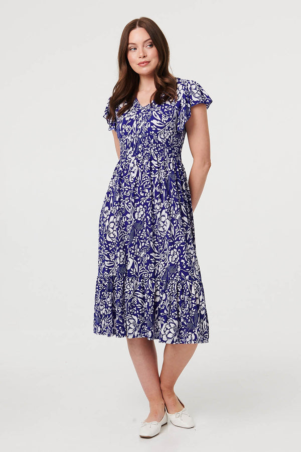 Blue | Floral Cap Sleeve Midi Dress
