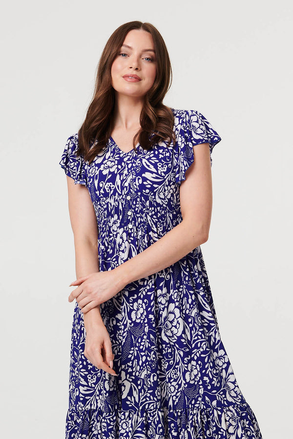 Blue | Floral Cap Sleeve Midi Dress
