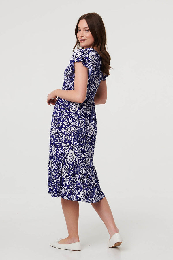 Blue | Floral Cap Sleeve Midi Dress
