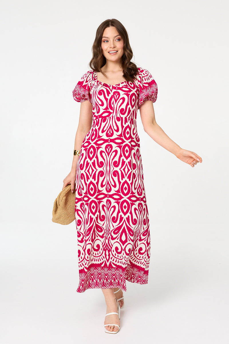 Printed Short Sleeve A-Line Maxi Dress | Izabel London