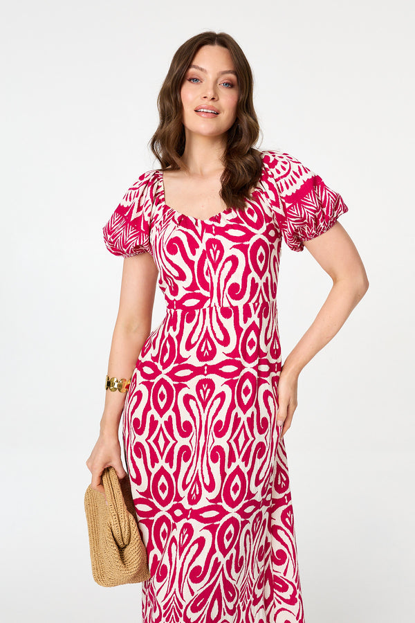 Pink | Printed Short Sleeve A-Line Maxi Dress
