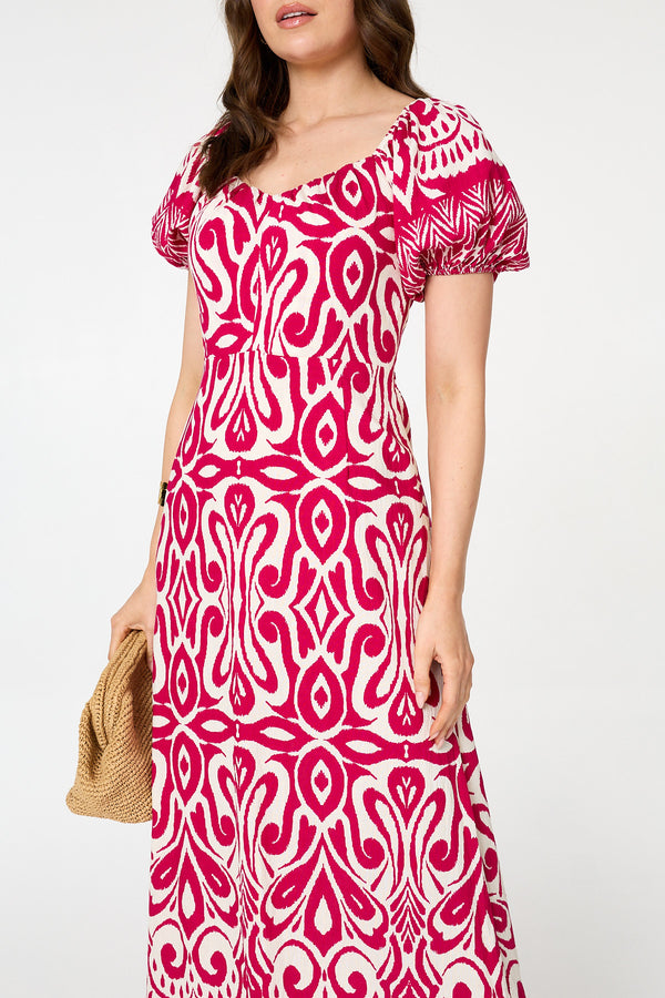 Pink | Printed Short Sleeve A-Line Maxi Dress