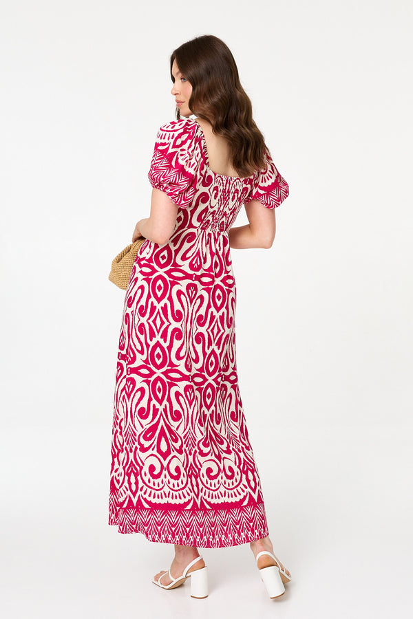 Pink | Printed Short Sleeve A-Line Maxi Dress