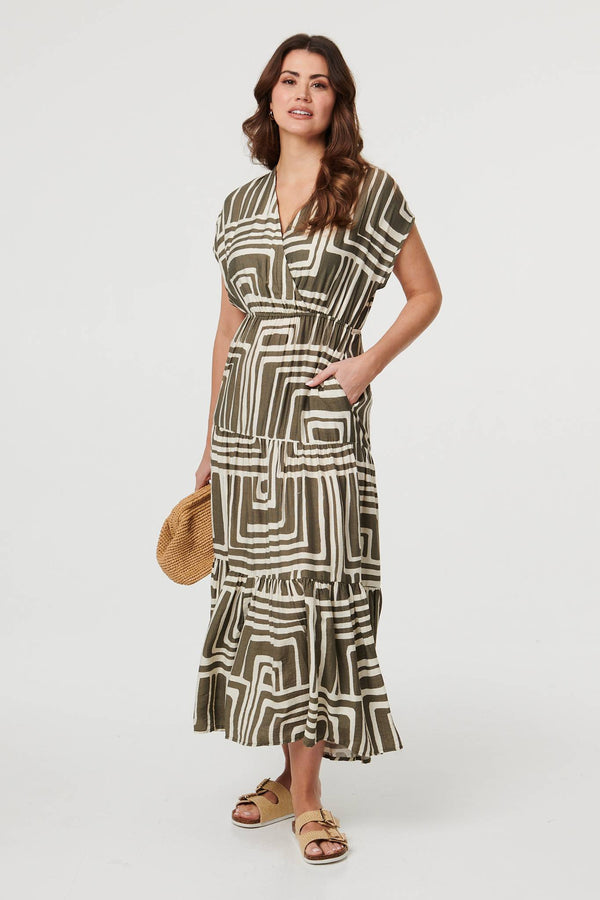 Green | Geo Print Ruched Tiered Maxi Dress