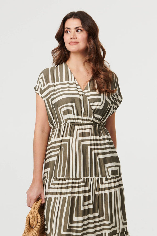 Green | Geo Print Ruched Tiered Maxi Dress
