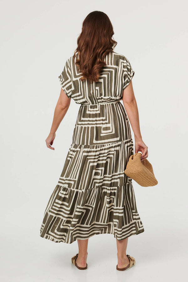 Green | Geo Print Ruched Tiered Maxi Dress