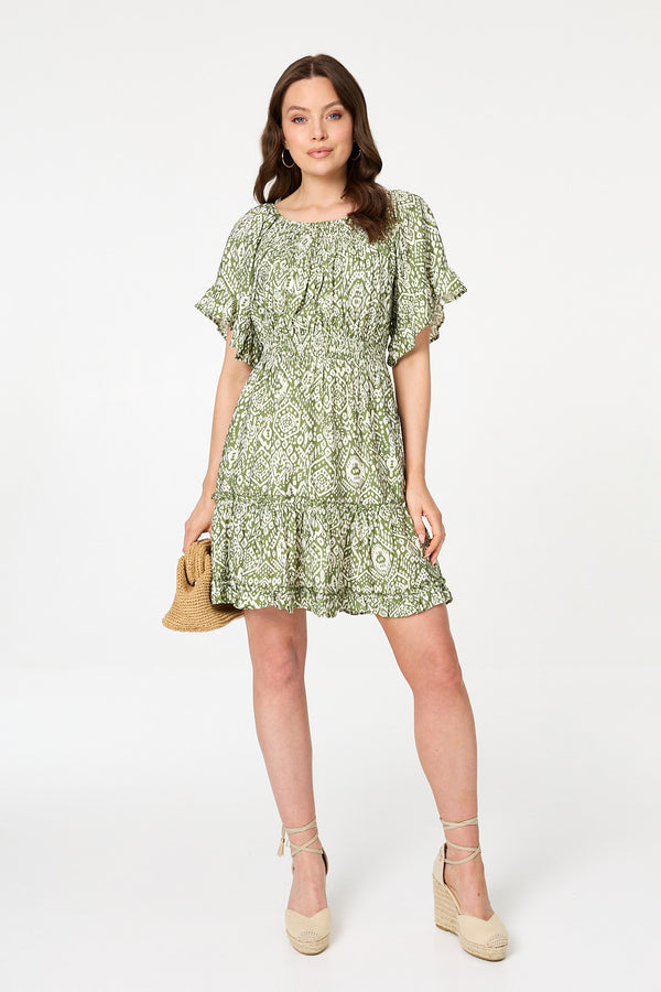 Green | Printed 1/2 Sleeve Short Smock Dress