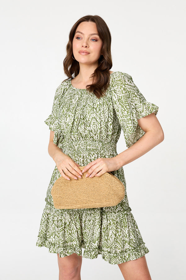 Green | Printed 1/2 Sleeve Short Smock Dress