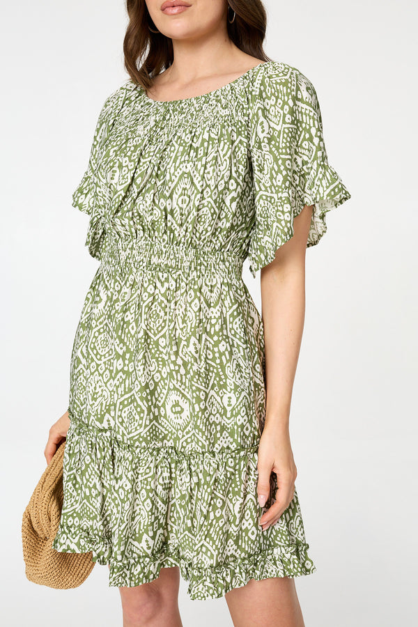 Green | Printed 1/2 Sleeve Short Smock Dress