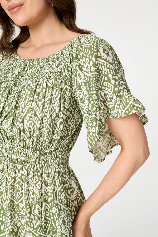 Green | Printed 1/2 Sleeve Short Smock Dress