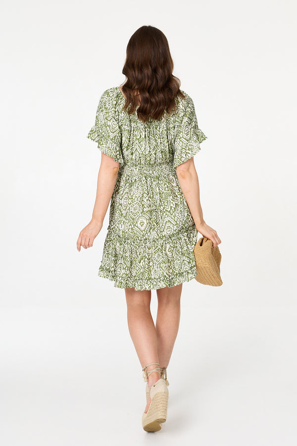 Green | Printed 1/2 Sleeve Short Smock Dress