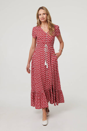 Red | Printed Smocked Tie Waist Maxi Dress
