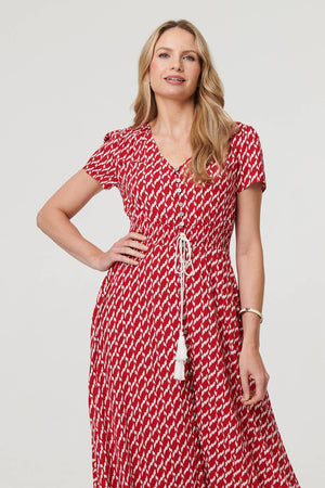 Red | Printed Smocked Tie Waist Maxi Dress
