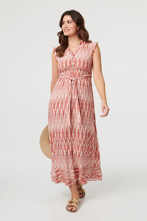 Pink | Abstract Cap Sleeve Frill Maxi Dress