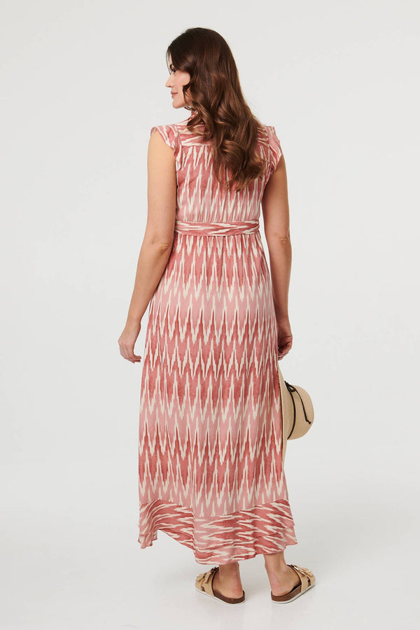 Pink | Abstract Cap Sleeve Frill Maxi Dress