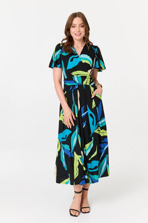 Green | Abstract Faux Wrap Tie Back Midi Dress