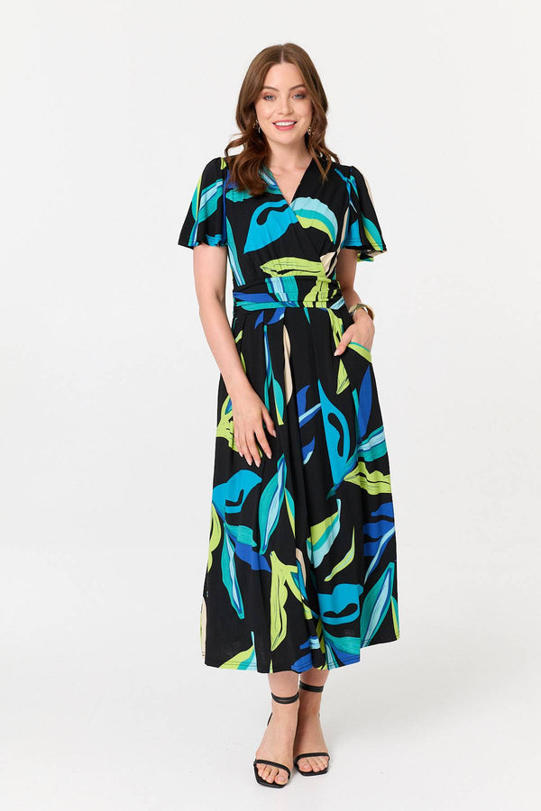 Green | Abstract Faux Wrap Tie Back Midi Dress