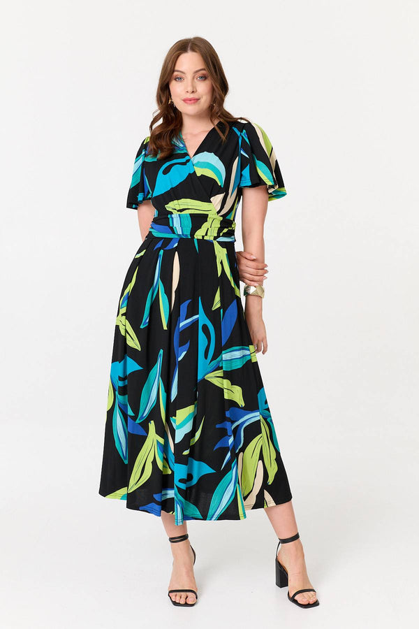 Green | Abstract Faux Wrap Tie Back Midi Dress