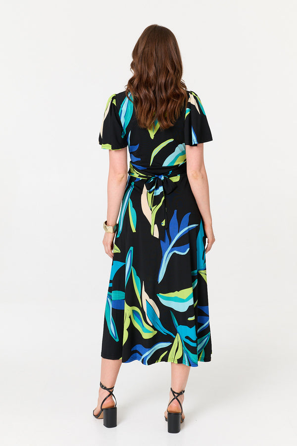 Green | Abstract Faux Wrap Tie Back Midi Dress