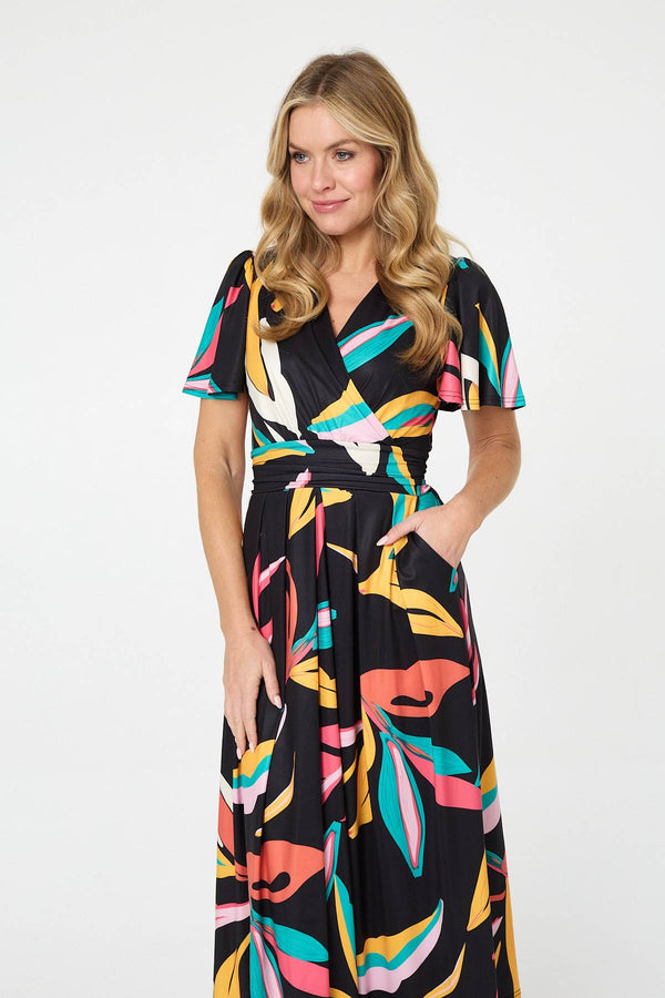 Green | Abstract Faux Wrap Tie Back Midi Dress