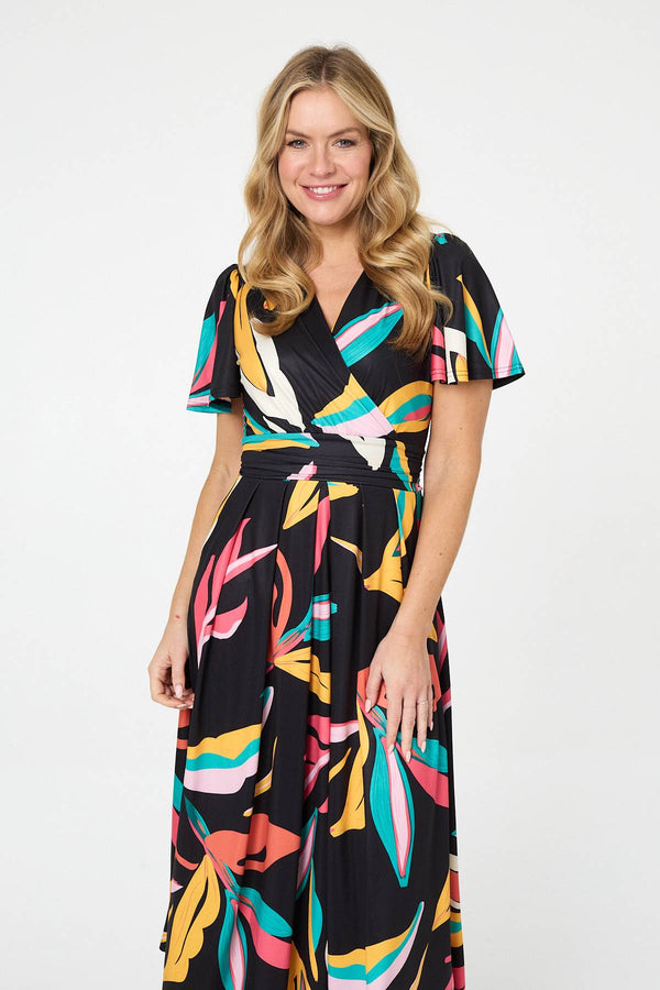 Green | Abstract Faux Wrap Tie Back Midi Dress