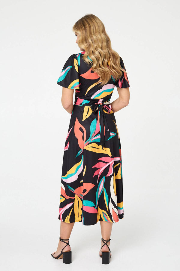 Green | Abstract Faux Wrap Tie Back Midi Dress